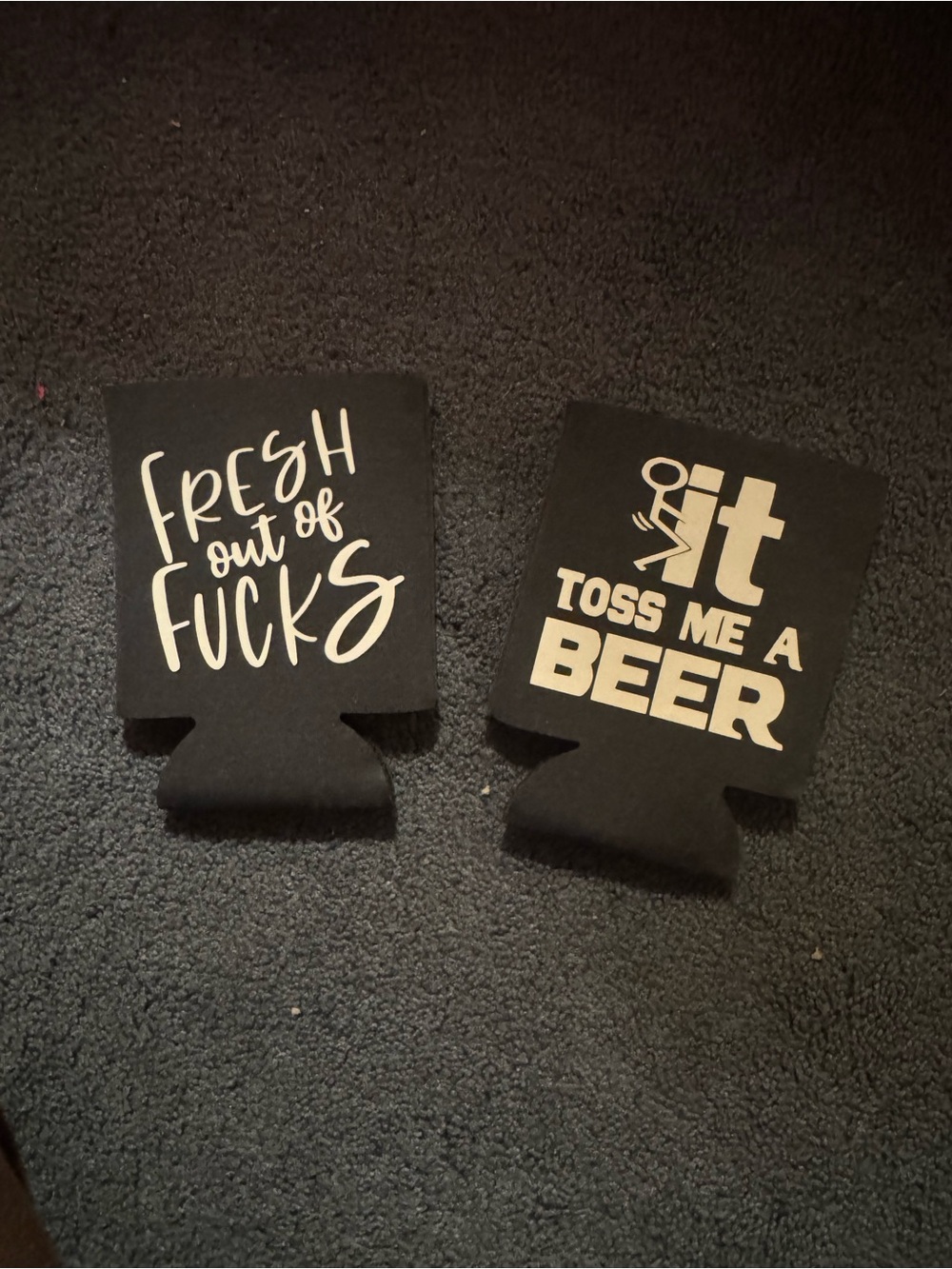 Black Novelty Can Koozies - 'Fresh Out of Fucks' & 'Toss Me a Beer'